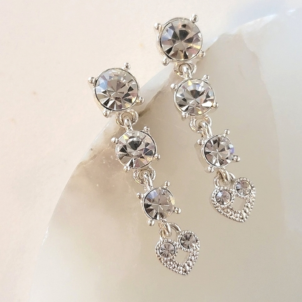 Rhinestone Crystal Drop Earrings Silver Tone Dangling Heart Post Style